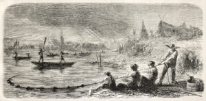 Illustration of people fishing in a shad boat | Inn on Bath Creek